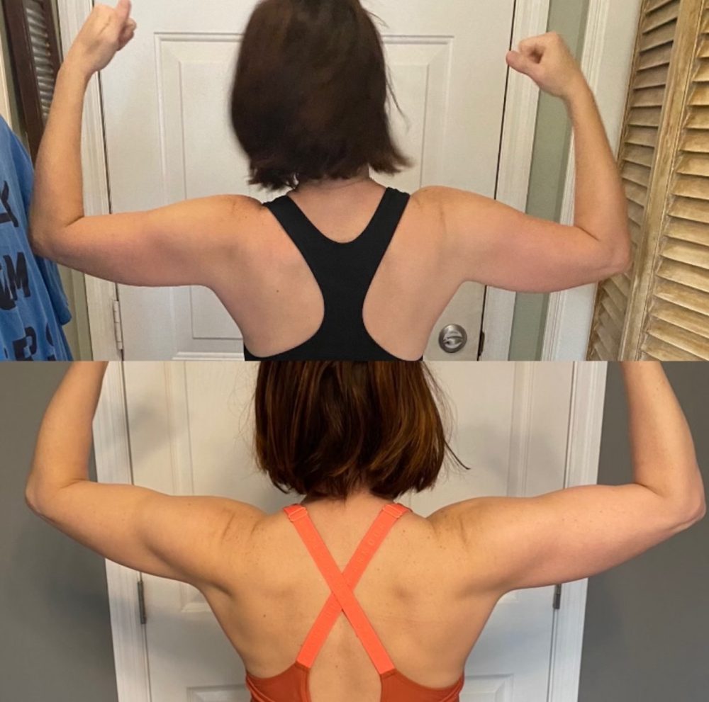 Before and after photos of a client's back and arms, showing visibly more muscle definition after 90 days